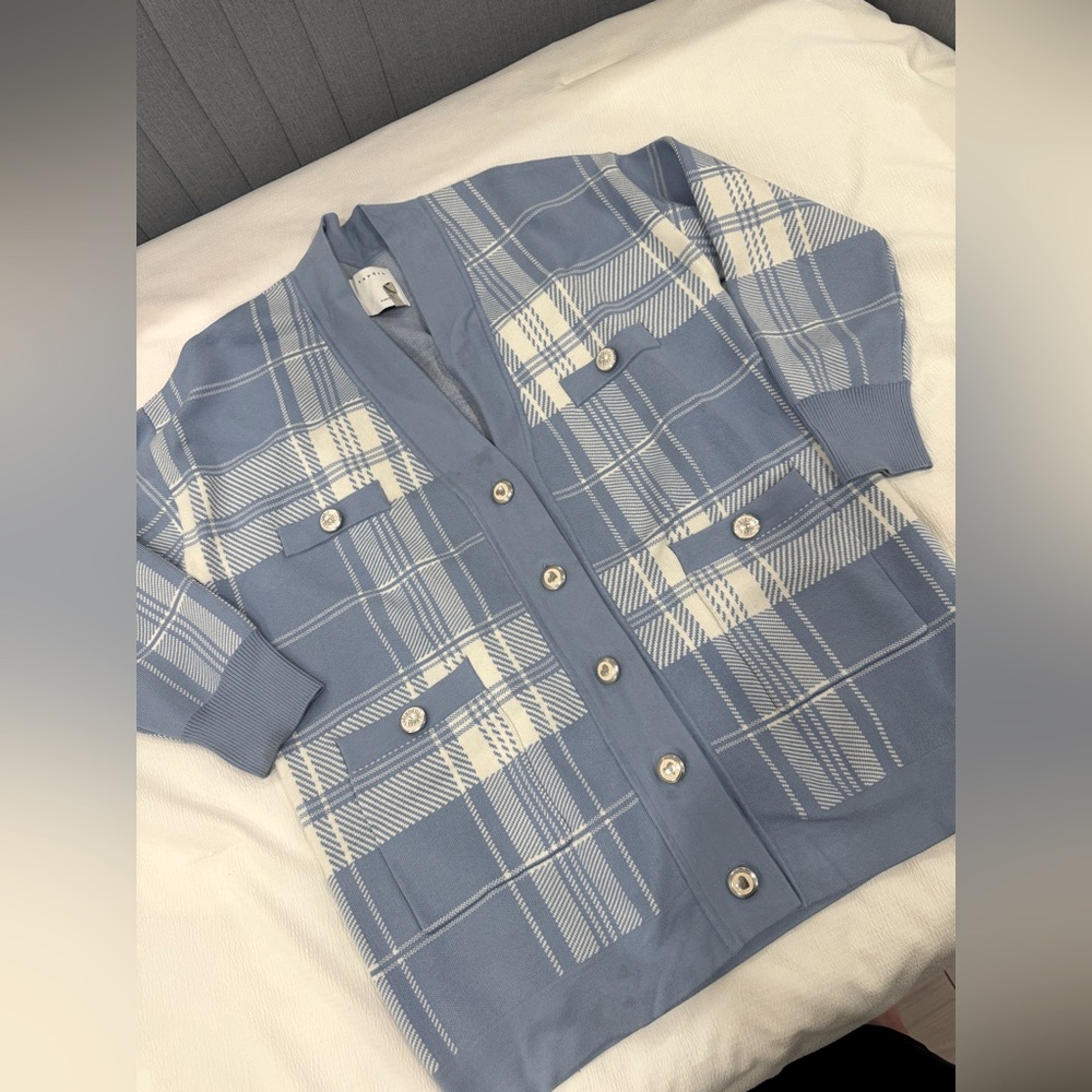 SANDRO Jeck Oversized Tartan Plaid Blue Cardigan sz 1 US Small EU 36 white check